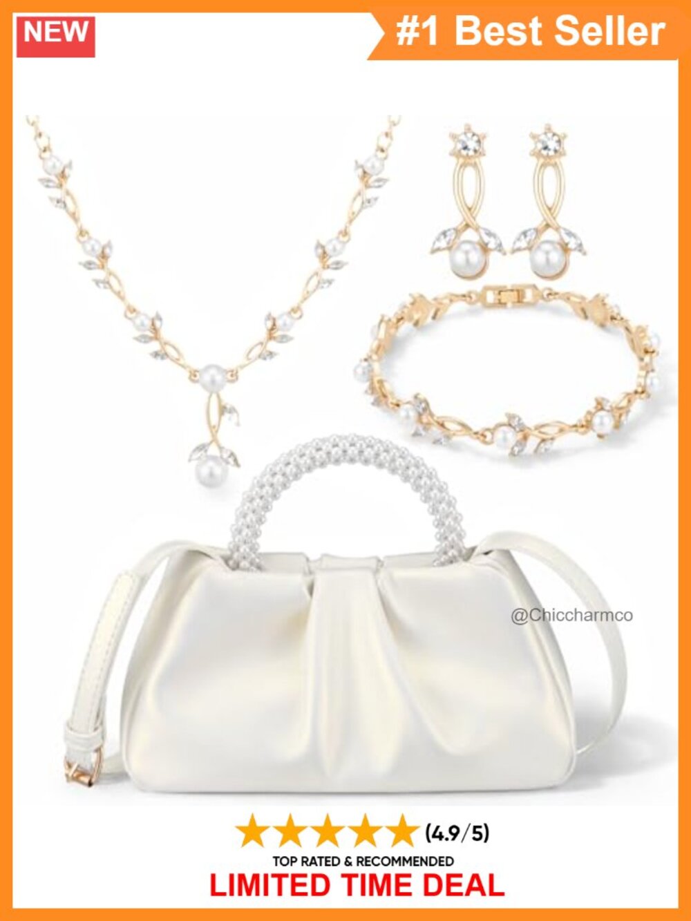 Pearl Jewelry Set with Clutch Purse, Simulated Pearl Necklace, Bracelet &